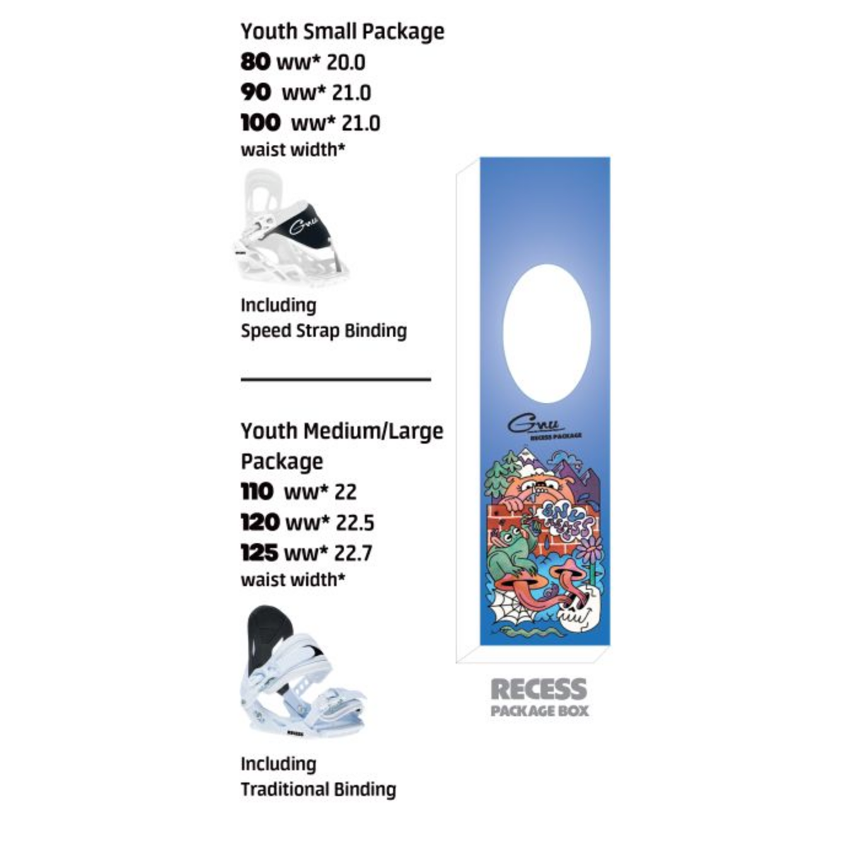 GNU 2026 Recess Snowboard and Binding Package - Assorted Sizes