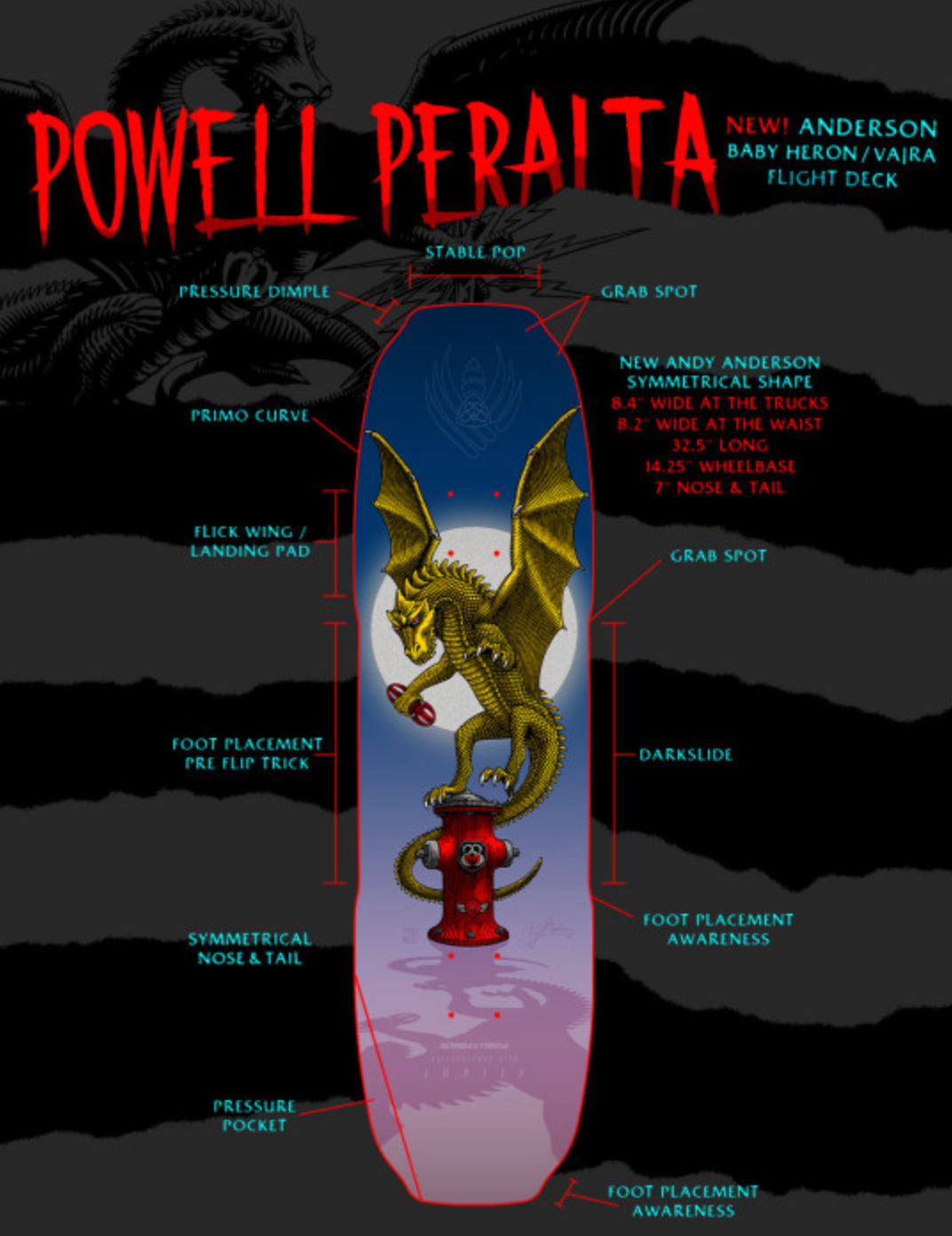 Powell Peralta Pro Andy Anderson Baby Heron(Vajra) Skate Deck - 8.4